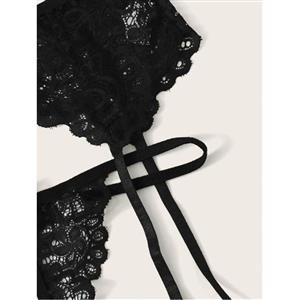 3Pcs Sexy Black Sheer Floral Lace Halter Bowknot Bikini Lingerie Bra Thong Set With Garter N20712