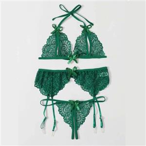 3Pcs Sexy Green Sheer Floral Lace Halter Bowknot Bikini Lingerie Bra Thong Set With Garter N20713