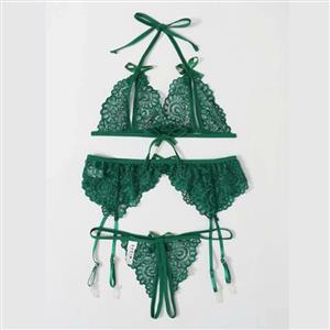 3Pcs Sexy Green Sheer Floral Lace Halter Bowknot Bikini Lingerie Bra Thong Set With Garter N20713