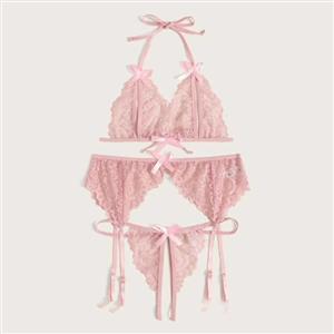 3Pcs Sexy Pink Sheer Floral Lace Halter Bowknot Bikini Lingerie Bra Thong Set With Garter N20714