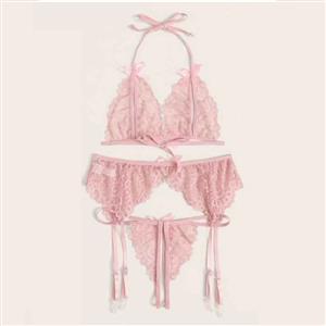 3Pcs Sexy Pink Sheer Floral Lace Halter Bowknot Bikini Lingerie Bra Thong Set With Garter N20714