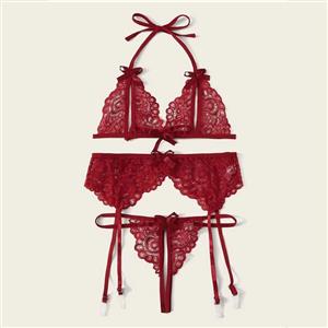 3Pcs Sexy Red Sheer Floral Lace Halter Bowknot Bikini Lingerie Bra Thong Set With Garter N20715