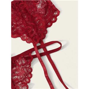 3Pcs Sexy Red Sheer Floral Lace Halter Bowknot Bikini Lingerie Bra Thong Set With Garter N20715