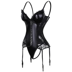Sexy Black Wet Look PU Sheer Lace Spaghetti Straps Stretchy Chemise Bustier Corset N20902