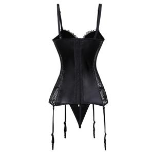 Sexy Black Wet Look PU Sheer Lace Spaghetti Straps Stretchy Chemise Bustier Corset N20902