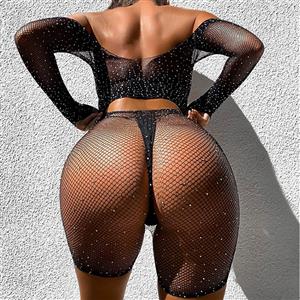 Sexy Black See-through Mesh Off-shoulder Stretchy Bra and Panty Suit N22397