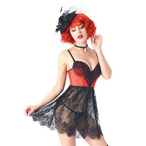 Sexy Red Sheer Mesh Floral Lace Spaghetti Straps Babydoll Lingerie Mini Nightdress N20545