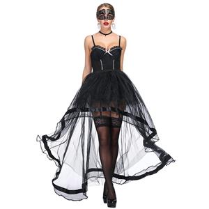 Sexy Black Sheer Mesh Floral Lace Plastic Bone Bustier Corset with Organza High Low Skirt Set N18753