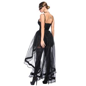 Sexy Black Sheer Mesh Floral Lace Plastic Bone Bustier Corset with Organza High Low Skirt Set N18753