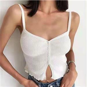 Sexy White Spaghetti Straps V Neck Button Camisole Elasticity Knitted Vest Crop Top N21033
