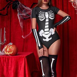 Sexy Black Skull Short Sleeve Jumpsuit Nightclub Party Masquerade Costume N22685