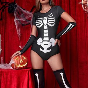 Sexy Black Skull Short Sleeve Jumpsuit Nightclub Party Masquerade Costume N22685