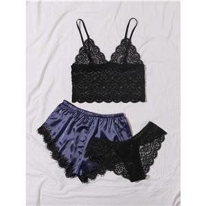 3Pcs Sexy Sheer Floral Lace Sling Lingerie Set And Royal-blue Satin Panty Pajamas Suit N20807