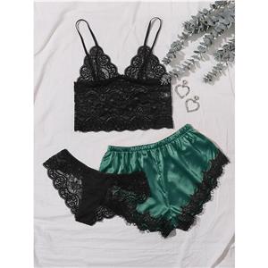 3Pcs Sexy Sheer Floral Lace Sling Lingerie Set And Green Satin Panty Pajamas Suit N20808