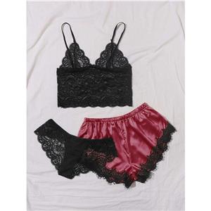 3Pcs Sexy Sheer Floral Lace Sling Lingerie Set And Red-wine Satin Panty Pajamas Suit N20810
