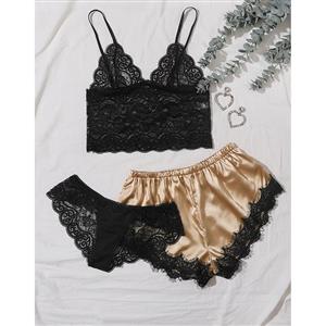 3Pcs Sexy Sheer Floral Lace Sling Lingerie Set And champagne Satin Panty Pajamas Suit N20812