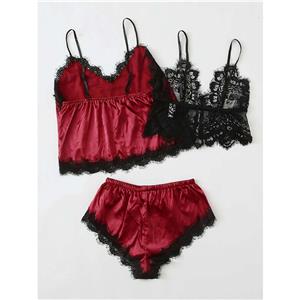 3Pcs Sexy Red-wine Satin Sling Lingerie And Panty Set Lace Pajamas Suit N20820