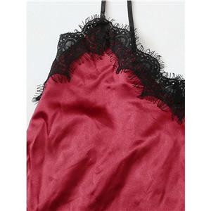 3Pcs Sexy Red-wine Satin Sling Lingerie And Panty Set Lace Pajamas Suit N20820