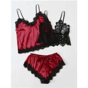 3Pcs Sexy Red-wine Satin Sling Lingerie And Panty Set Lace Pajamas Suit N20820