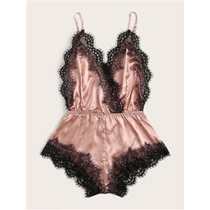 Sexy Spaghetti Straps V-neckline Smooth Satin Lace Trim Cozy Sleepwear Teddies Lingerie N21970