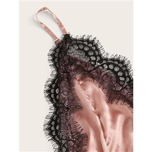 Sexy Spaghetti Straps V-neckline Smooth Satin Lace Trim Cozy Sleepwear Teddies Lingerie N21970