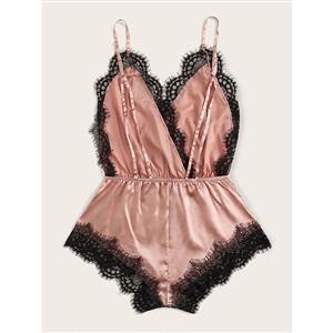 Sexy Spaghetti Straps V-neckline Smooth Satin Lace Trim Cozy Sleepwear Teddies Lingerie N21970