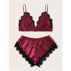 Sexy Smooth Satin Spaghetti Straps Bralette and Panties Lace Trim Sleepwear Lingerie N21999