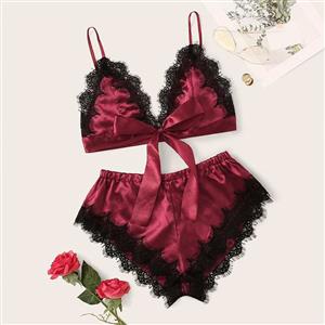 Sexy Smooth Satin Spaghetti Straps Bralette and Panties Lace Trim Sleepwear Lingerie N21999