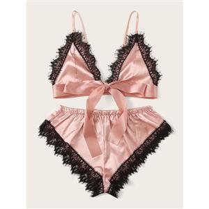 Sexy Smooth Satin Spaghetti Straps Bralette and Panties Lace Trim Sleepwear Lingerie N22000