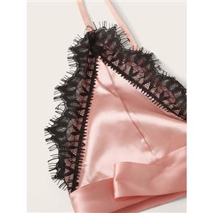 Sexy Smooth Satin Spaghetti Straps Bralette and Panties Lace Trim Sleepwear Lingerie N22000