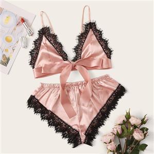 Sexy Smooth Satin Spaghetti Straps Bralette and Panties Lace Trim Sleepwear Lingerie N22000
