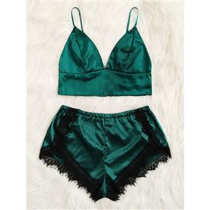 Sexy Smooth Satin Spaghetti Straps Triangle Bralette and Panties Lace Trim Sleepwear Lingerie N22004