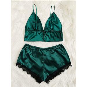 Sexy Smooth Satin Spaghetti Straps Triangle Bralette and Panties Lace Trim Sleepwear Lingerie N22004