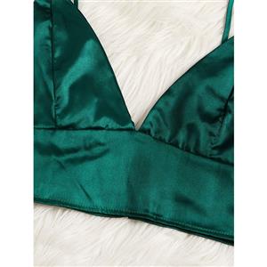 Sexy Smooth Satin Spaghetti Straps Triangle Bralette and Panties Lace Trim Sleepwear Lingerie N22004