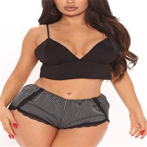 Sexy Black Spaghetti Strap Low Cut Bra Top and Lace Trim Striped Panty Lingerie Set N21236