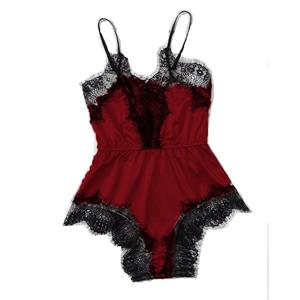 Sexy Rose-red Satin Lace Trim Spaghetti Strap Pajamas Teddy Bodysuit Lingerie N21330