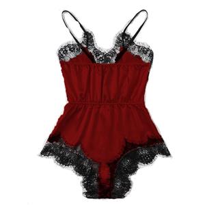 Sexy Rose-red Satin Lace Trim Spaghetti Strap Pajamas Teddy Bodysuit Lingerie N21330