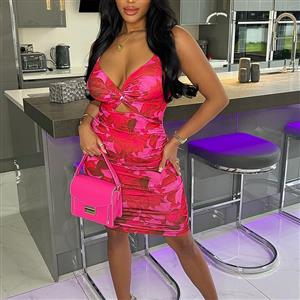 Sexy Printed Cut-out Spaghetti Straps Plunging Neck Elastic Bodycon Figure-hugging Dress N22115