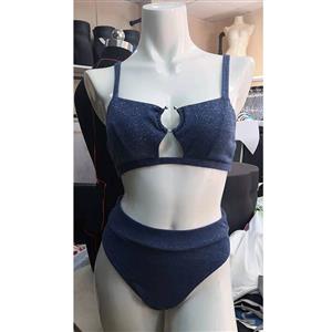 Sexy Navy-blue Spaghetti Straps Hollow Out Ring Beachwear High Waist Bikini Set BK21159