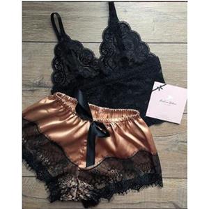 2Pcs Sexy Sheer Floral Lace Three-point Bra And Champagne Satin Panty Split Pajamas Suit N20975
