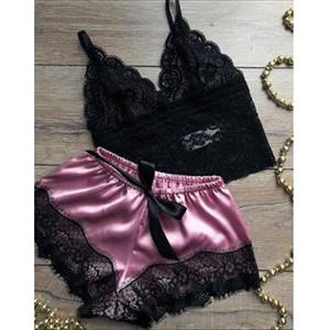 2Pcs Sexy Sheer Floral Lace Three-point Bra And Purple-pink Satin Panty Split Pajamas Suit N20976