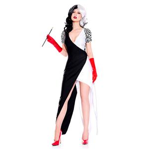 Cruella Deville Dalmatian Film Costume, Hot Sale Halloween Costume, Cheap Halloween Costume, Hot Sale Adult Lingerie Costume, Halloween Hostess Cosplay Costume, Noble Madame Long Gown Costume, #N19111