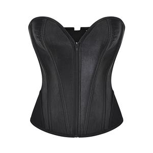 Retro Black Steel Boned Zipper Lace-up Closure Body Shaper Overbust Corset N23328