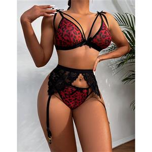 Sexy Leopard Print Strappy Bra and Thong Underwear Lingerie with Lace Garters N21697