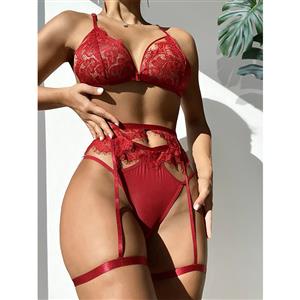 Sexy See-through Floral Lace Strappy Bra and Thong Underwear Lingerie with Lace Garters N21889