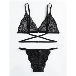 Sexy Spaghetti Straps Bra and Thong See-through Floral Lace Strappy Underwear Lingerie N21978