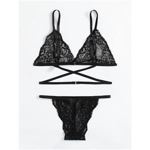 Sexy Spaghetti Straps Bra and Thong See-through Floral Lace Strappy Underwear Lingerie N21978