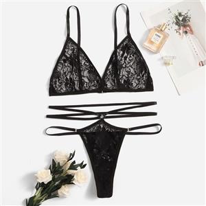 Sexy Spaghetti Straps Bralette and Thong See-through Floral Lace Strappy Underwear Lingerie N21997
