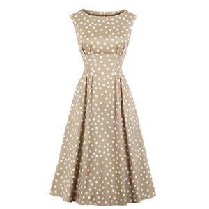 Sexy Khaki Round Neck Sleeveless Slim Waist Polka Dots Print Summer A-line Dress N20772