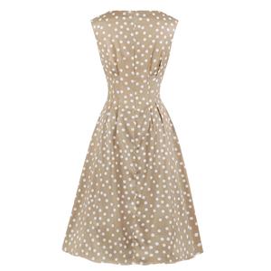 Sexy Khaki Round Neck Sleeveless Slim Waist Polka Dots Print Summer A-line Dress N20772